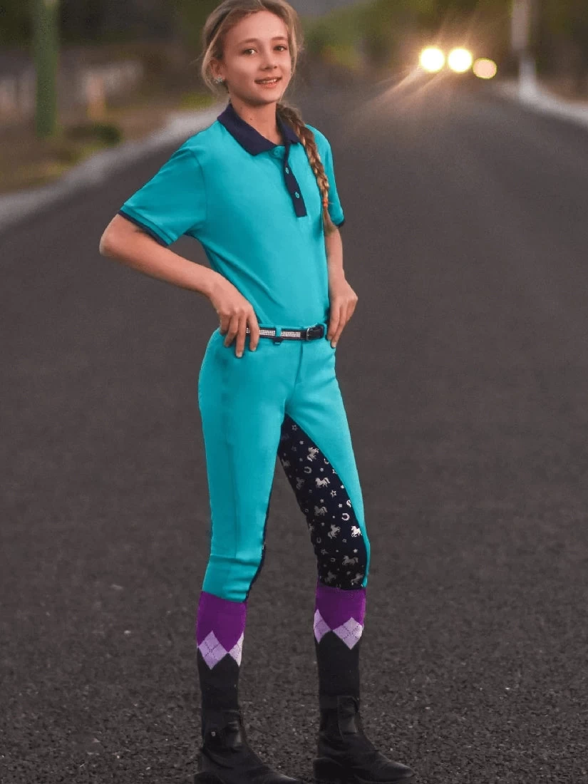 Jodhpurs Peter Williams Pull On Unicorn Printed Turquoise & Navy Childs - Image 6